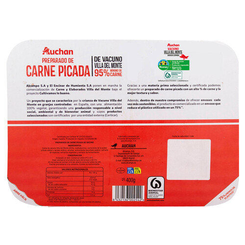 ALCAMPO CULTIVAMOS LO BUENO Preparado de carne picada de vacuno Villa del Monte  400 g.