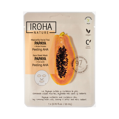 IROHA NATURE Mascarilla facial efecto peeling con papaya y ácidos frutales.