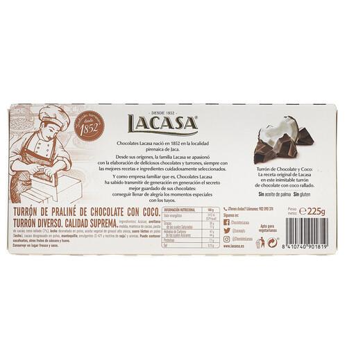 Turrón de chocolate y coco LACASA 225 g.