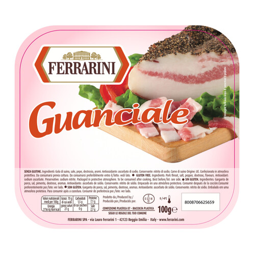FERRARINI Guanciale (pancenta italiana) cortado en taquitos, ideales para preparar la autentica carbonara italina FERRARINI 100 g.