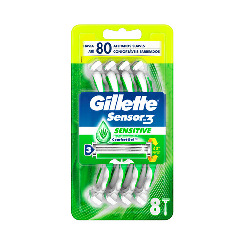 GILLETTE Sensor 3 sensitive Maquinilla de afeitar desechable con cabezal pivotante de 3 horas 8 uds.