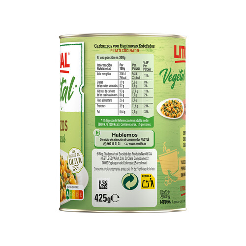 LITORAL Garbanzos con espinacas LITORAL 425 g.