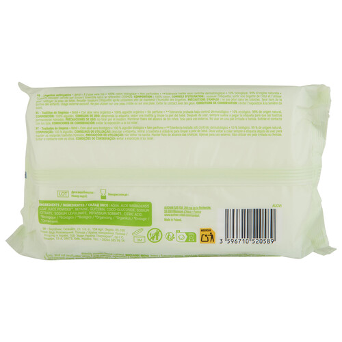 PRODUCTO ALCAMPO Baby bio Baby Toallitas húmedas para bebé con algodón y aloe vera ecológicos 64 uds.