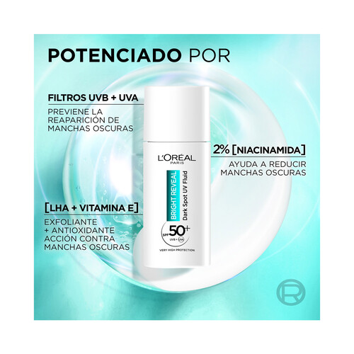 L´ORÉAL PARIS Bright reveal Fluido hidratante y anti-manchas, con FPS 50+ 50 ml.