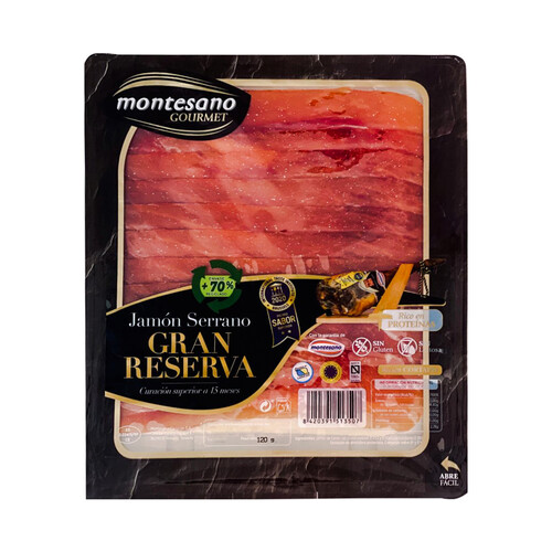 MONTESANO Jamón serrano gran reserva (curación mínima de 15 meses), cortado en finas lonchas MONTESANO Gourmet 120 g.