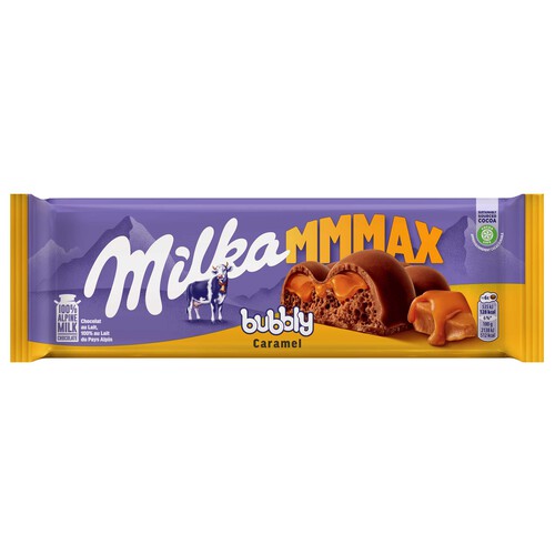 MILKA Chocolate bubbly con leche y relleno líquido de caramelo 250 g.