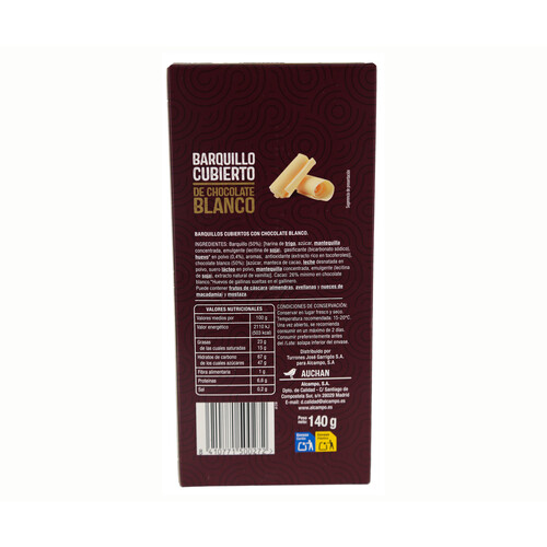 AUCHAN Barquillos cubiertos con chocolate blanco 140 g Producto Alcampo