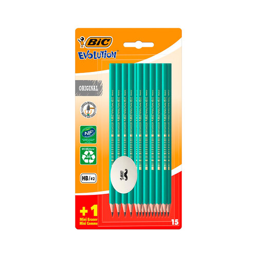 Pack de 15 lápices de grafito BIC Evolution HB con goma. 