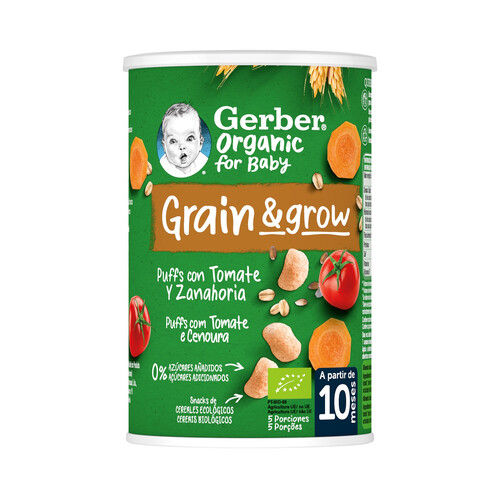 GERBER Organic Snacks (puffs) de cereales ecológicos, con tomate y zanahoria, a paritr de 10 meses 35 g.