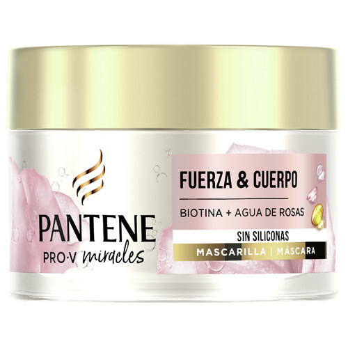 PANTENE Mascarilla fortificante, sin siliconas, con Biotina y agua de rosas PANTENE Miracles 160 ml.