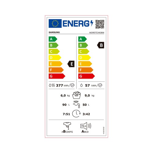 Lavadora secadora SAMSUNG WD90T534DBW, capacidad lavado/secado: 9KG/6KG, clasificación energética: B, 1400RPM, H: 85cm,A: 60cm,F: 65cm.