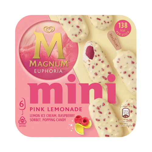 MAGNUM Euphoria de Frigo Mini bombón helado de limón, frambuesa y chocolate blanco 6 x 55 ml.