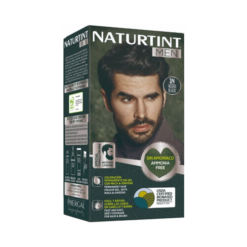 Coloración permanente en gel para barba y cabello, tono 1N negro NATURTINT Men.