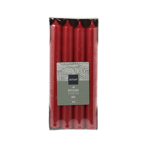 Pack de 8 velas de 19x180 mm de color rojo, ACTUEL.