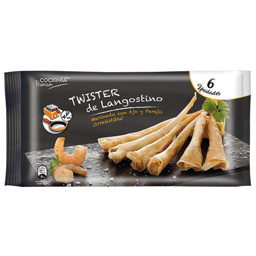 COCINARTE Langostinos pelados, marinados con ajo y perejil, envueltos en crujiente pasta filo en forma de cono Premium 6 uds.