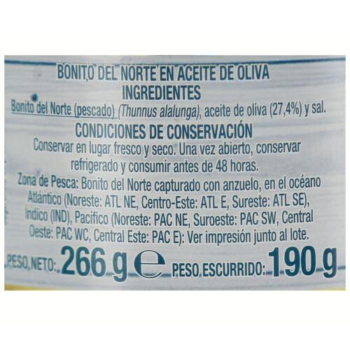 PRODUCTO ALCAMPO Bonito del norte en aceite de oliva lata de 190 g.