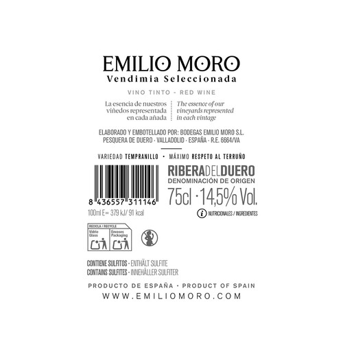 EMILIO MORO Vendimia seleccionada Vino tinto roble con D.O. Ribera del Duero botella 75 cl.