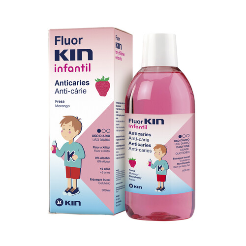 KIN Enjuague bucal infantil, sin alcohol, con acción anticaries y sabor fresa KIN Infantil 500 ml.