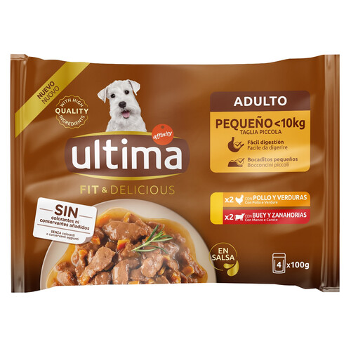 ULTIMA Fit & delicius Alimentación húmeda para perros en bolsa de carne 4x100 g,