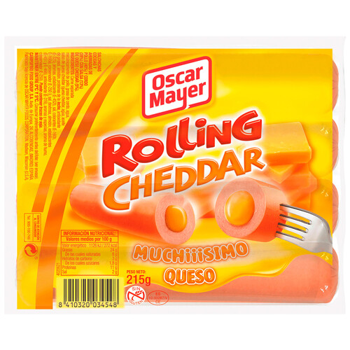 OSCAR MAYER Salchichas tipo Frankfurt cocidas y ahumadas de pollo y cerdo con queso cheddar OSCAR MAYER Rolling cheedar 215 g