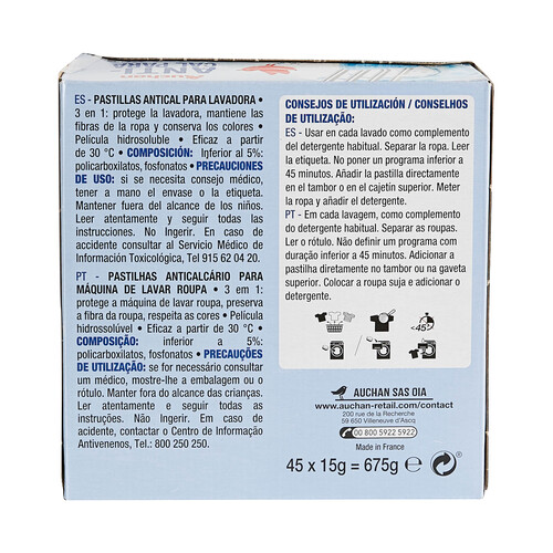 PRODUCTO ALCAMPO Pastillas antical para lavadoras 3 en 1 45 uds.