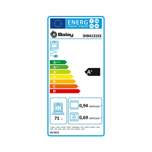 Horno multifunción BALAY 3HB4131X3 Inox, capacidad: 71L, A+, A: 59,5cm, H: 59,4cm, F: 54,8cm.