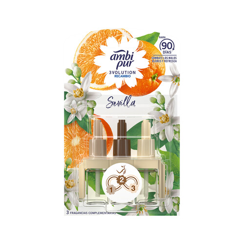 AMBIPUR Sevilla Recambios de ambientador para baño, con aroma a naranja, 3 uds.