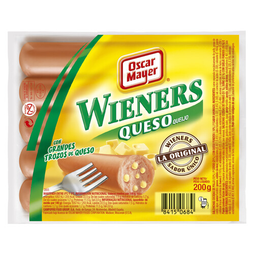 Salchichas cocidas de cerdo y pollo con queso fundido y sabor ahumado OSCAR MAYER Wieners 200 g.