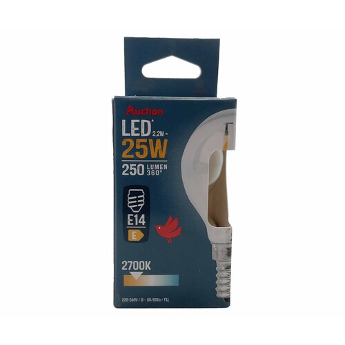 Bombilla Led E14, 2,2W=25W, luz cálida, 250lm, PRODUCTO ALCAMPO.