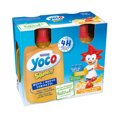 YOCO Yogur líquido para beber con sabor a fresa (2) y plátano (2) YOCO Sqeezy de Nestlé 4 x 80 g.