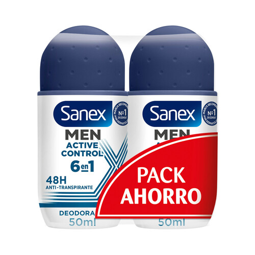 SANEX Men active control Desodorante roll on para hombre con protección anti transpirante de hasta 48 horas 2 x 50 ml.