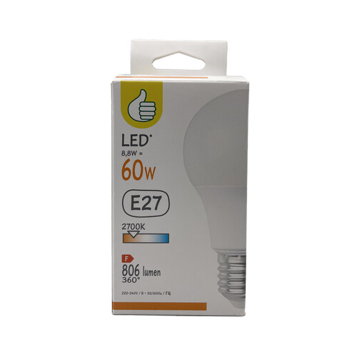 Bombilla led E27,8W=60W, luz cálida, 806lm.PRODUCTO ALCAMPO.