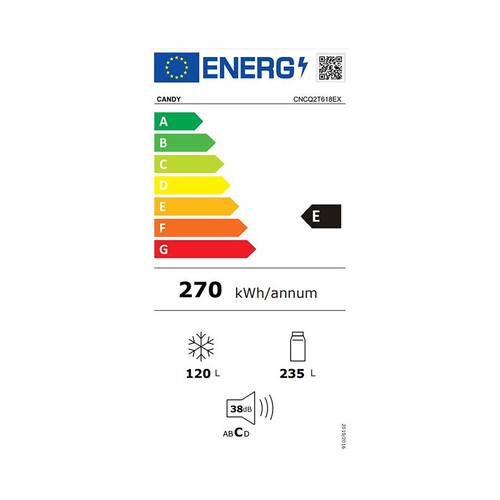 Frigorífico combi 185cm CANDY CNCQ2T618EX Inox, NO FROST clasificación energética: E, H: 185cm, A: 59,5cm, F: 66,7cm, capacidad total: 355L.