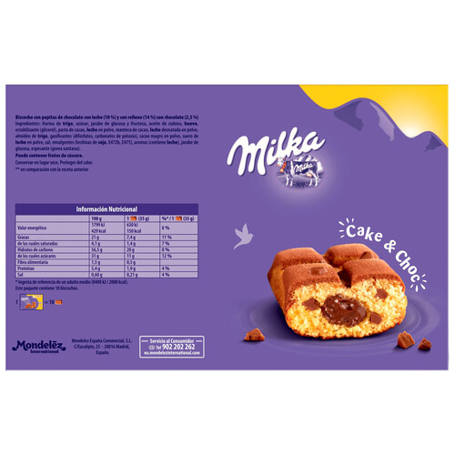 MILKA Cake&choc Bizcochitos con pepitas de chocolate con leche, rellenos de chocolate 350 g.