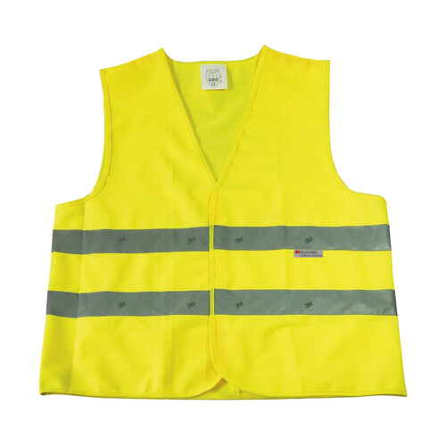 Chaleco de seguridad de color amarillo con doble banda reflectante talla única.