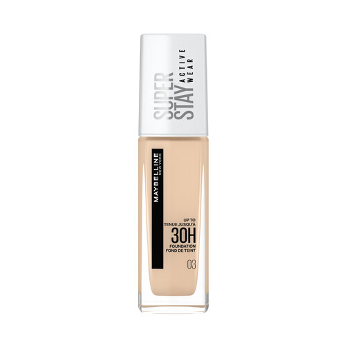 MAYBELLINE Super stay active wear Tono 03 True Ivory Base de maquillaje con acabado mate de larga duración.