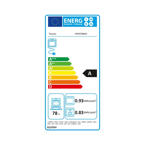 Horno multifunción TAURUS HM978BKD capacidad: 78L, A: 59,5cm, H: 59,5cm, F: 57,5cm.