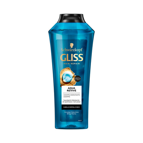 GLISS Champú hidratante con complejo hialurónico y alga marina, para cabellos normales o secos GLISS Aqua revive de Schwarzkopf 370 ml.