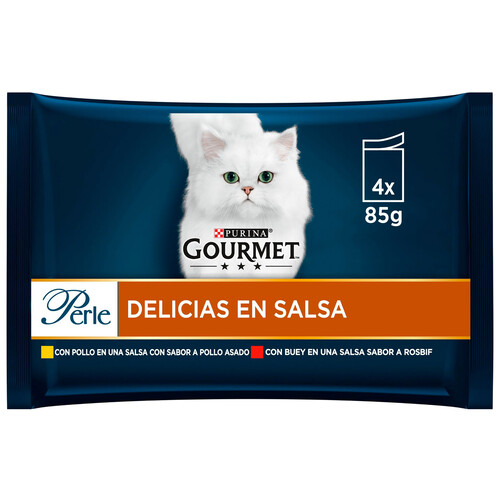 PURINA Gourmet perle Comida para gatos húmeda a base de pollo (2) o buey con salsa rosbif (2) 4 x 85 g.