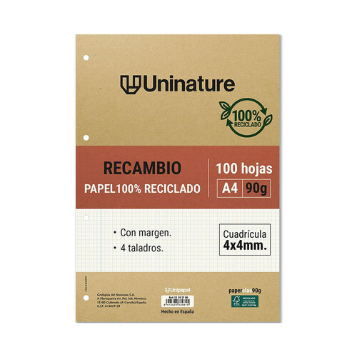 Recambio reciclado A4 4x4, 100H, 90gr, UNINATURE.