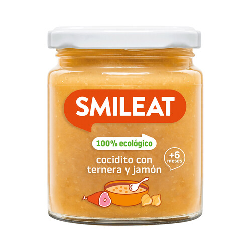 SSMILEAT Tarrito de cocidito con ternera y jamón ecológicos, a partir de 6 meses 230 g.