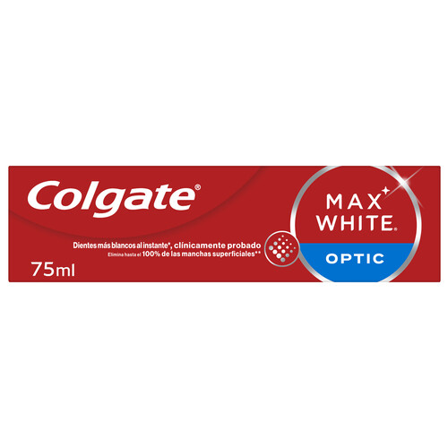 COLGATE Max white optic Pasta de dientes con flúor y acción blanqueante instantánea 75 ml.