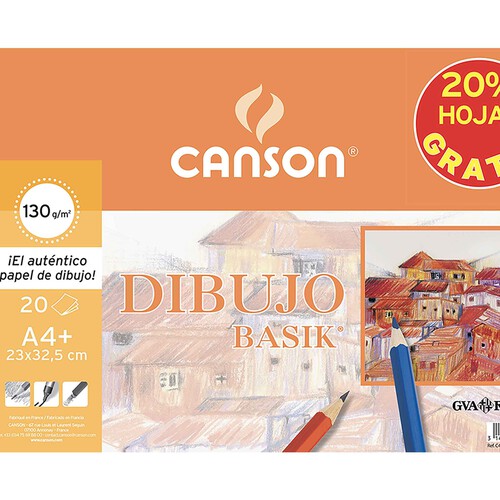 Bloc de dibujo basik liso tamaño A4+ de 20 hojas + 20% gratis, CANSON.