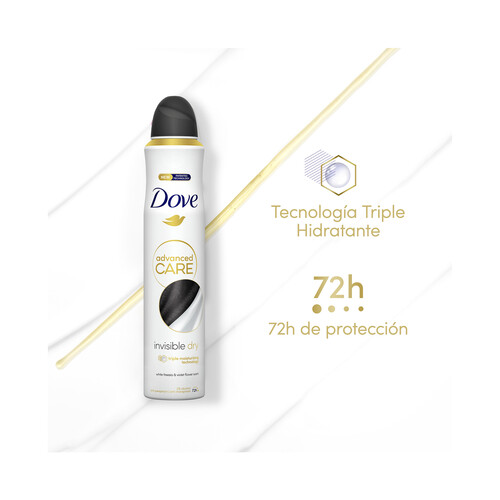 DOVE Desodorante en spray para mujer con extracto de Violetas y Feesia blanca DOVE Advanced care invisible dry 200 ml.