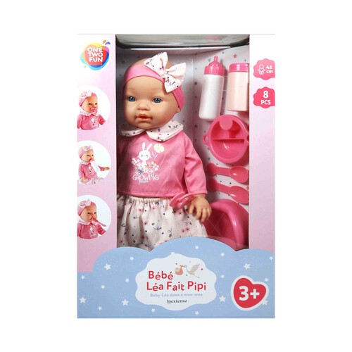 Muñeco Bebe 43 Cm Come y Hace Pipi Rosa ONE TWO FUN ALCAMPO