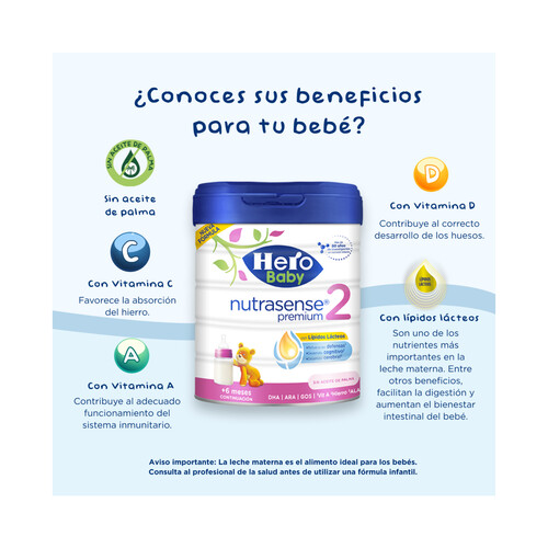 HERO Nutrasense premium Leche (2) de continuación para bebes a paritr de 6 meses 800 g.