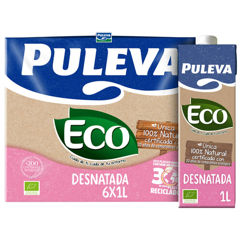 Leche desnatada de vacas con alimentación ecológica PULEVA Eco 6 x 1 l.