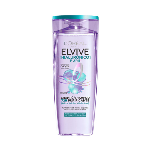 ELVIVE Hialurónico pure Champú purificante para cabellos con raices grasas y puntas secas 380 ml.