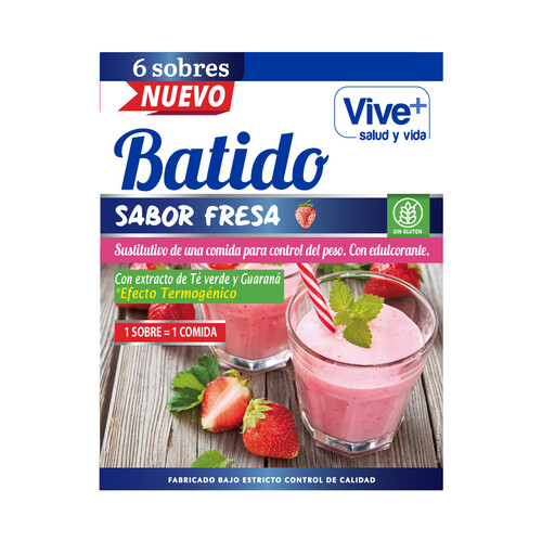 VIVE+ SALUD Y VIDA Batido sustitutivo sabor fresa, con extracto de té verde y guaraná VIVE + SALUD Y VIDA 180 g.