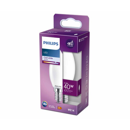 Bombilla Led E14, 4,3W=40W, luz neutra 4000K, 470lm, PHILIPS.